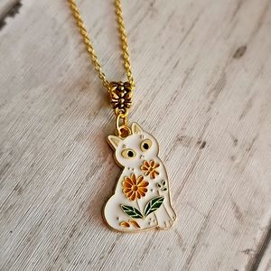 BOHO Hippie Flower Cat Necklace White 925 18 Inch Chain Gold plated NYG